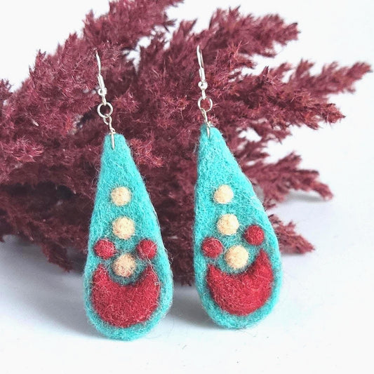 Needle Felted Earrings: Boho Teardrop Merino Wool, Silver Hooks