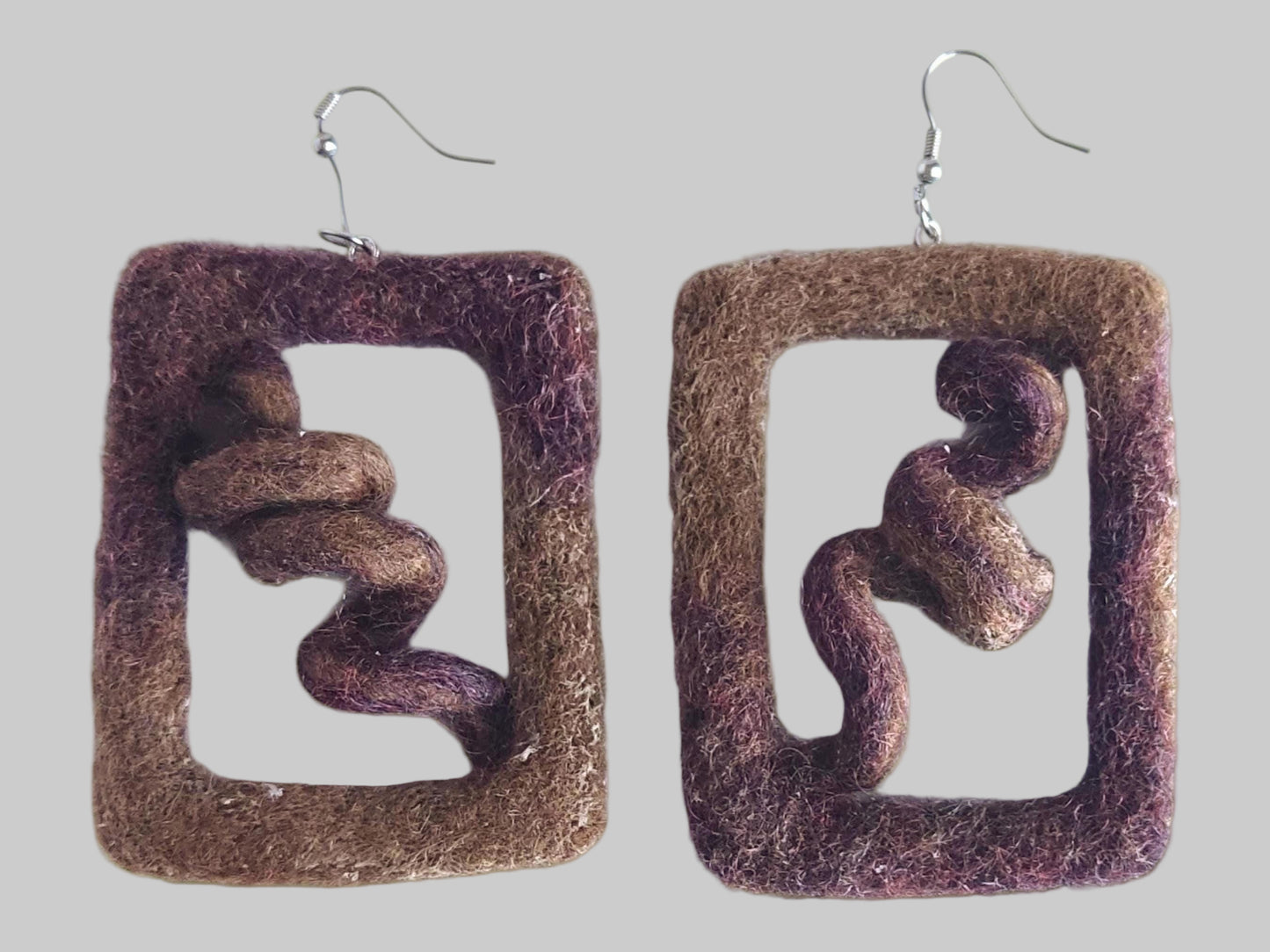 Handmade Felt Dangle Earrings: Brown Merino Wool Geometric Statement Jewelry