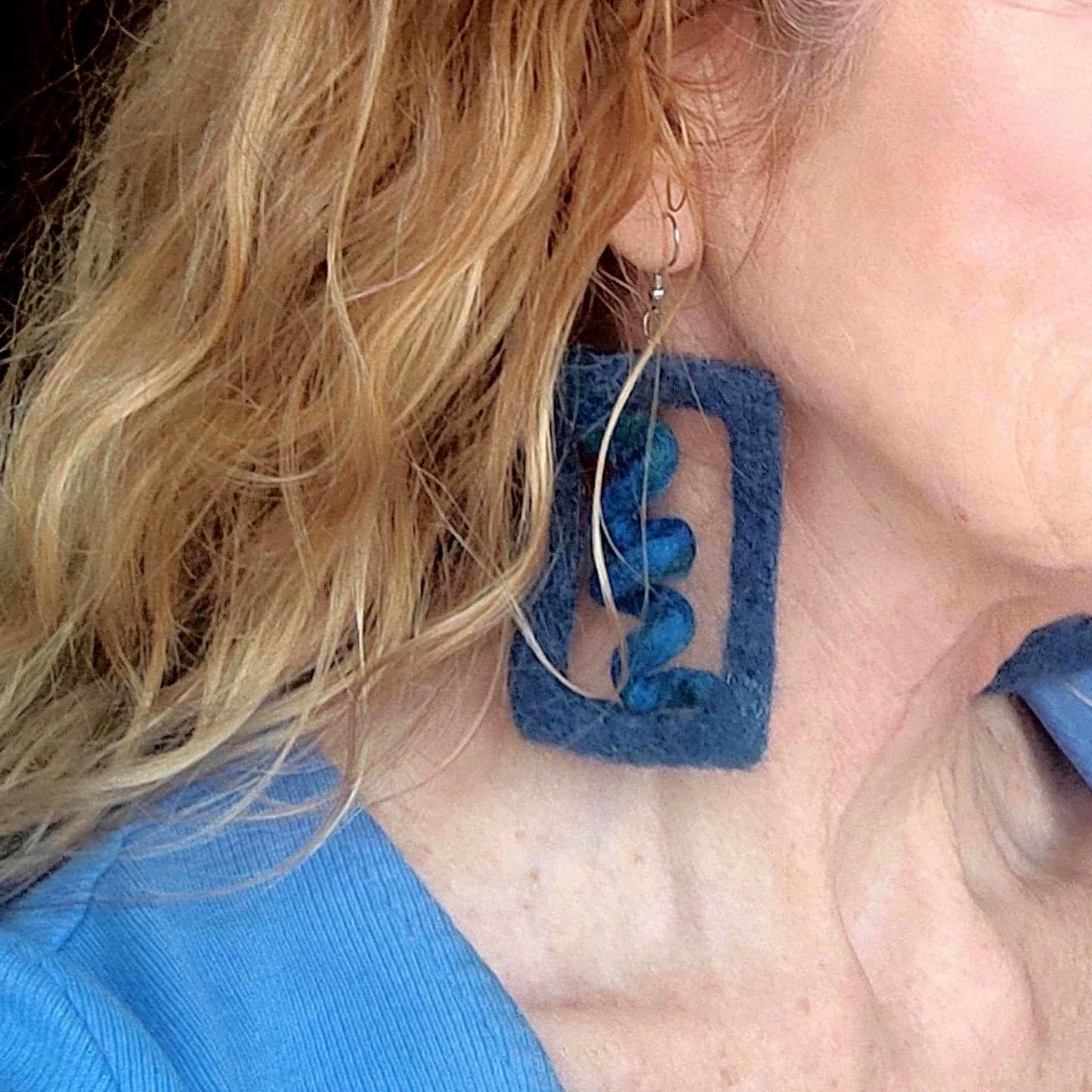 Boho Felt Earrings: Needle Felted Blue  Spiral, Lightweight