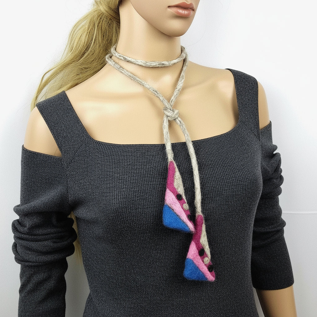 Felted Wool Lariat Necklace: Pink Blue Convertible Scarf Necklace
