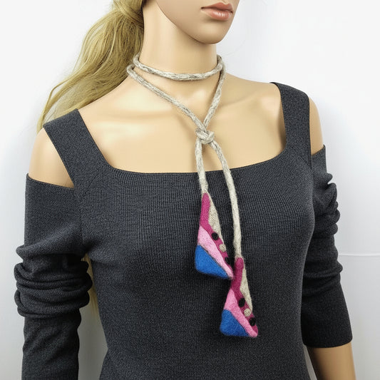 Felted Wool Lariat Necklace: Pink Blue Convertible Scarf Necklace