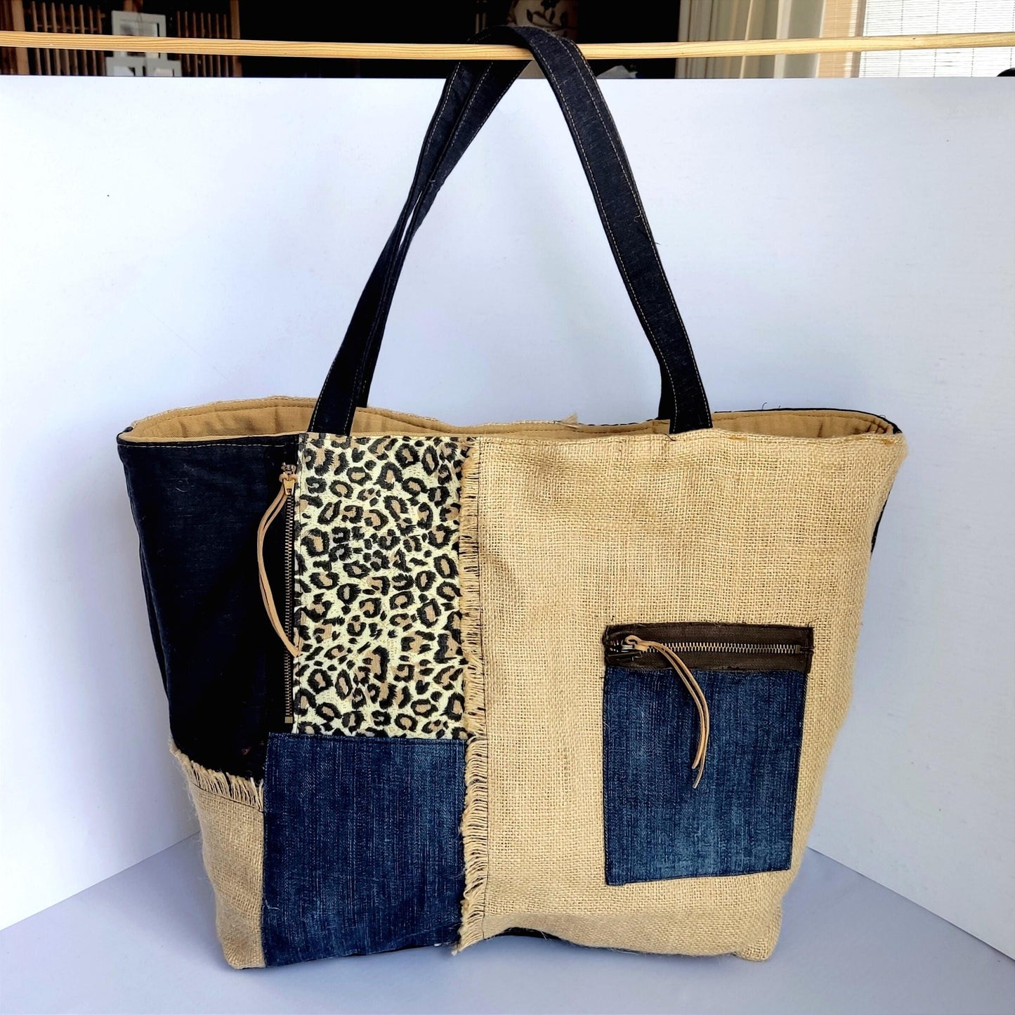 Reversible Tote Bag: Black  Leopard Print Burlap Patchwork Tote Handbag