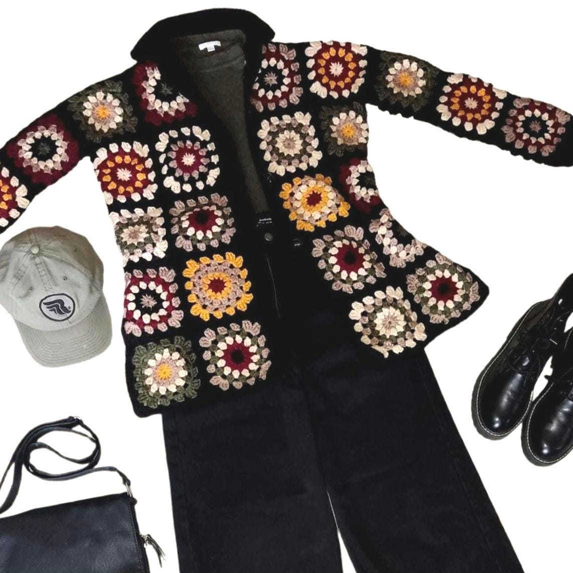 Granny Square Crochet Cardigan - Multicoloured Boho Jacket for Women