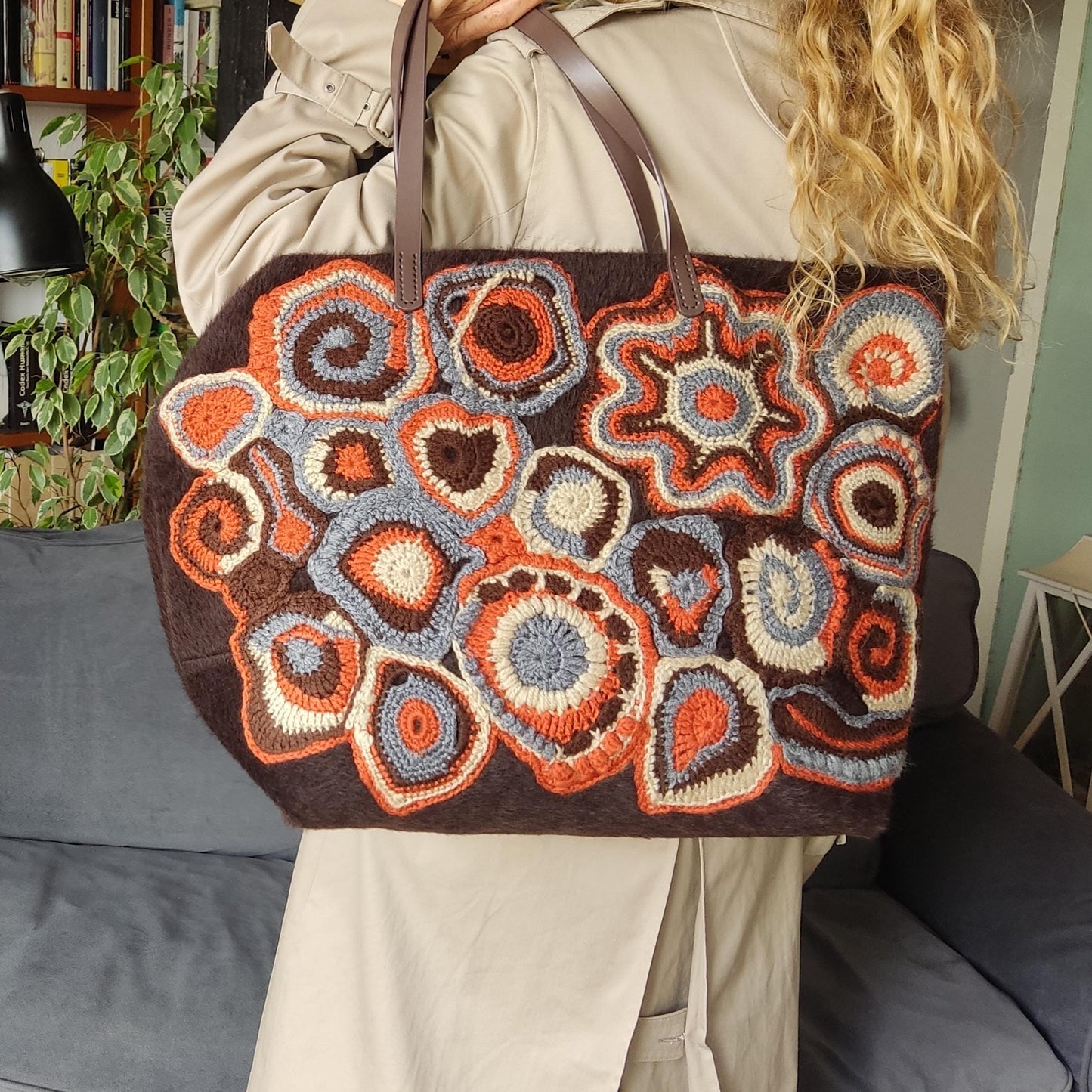 Faux Fur Tote Handbag - Brown Crochet Large Shoulder Bag