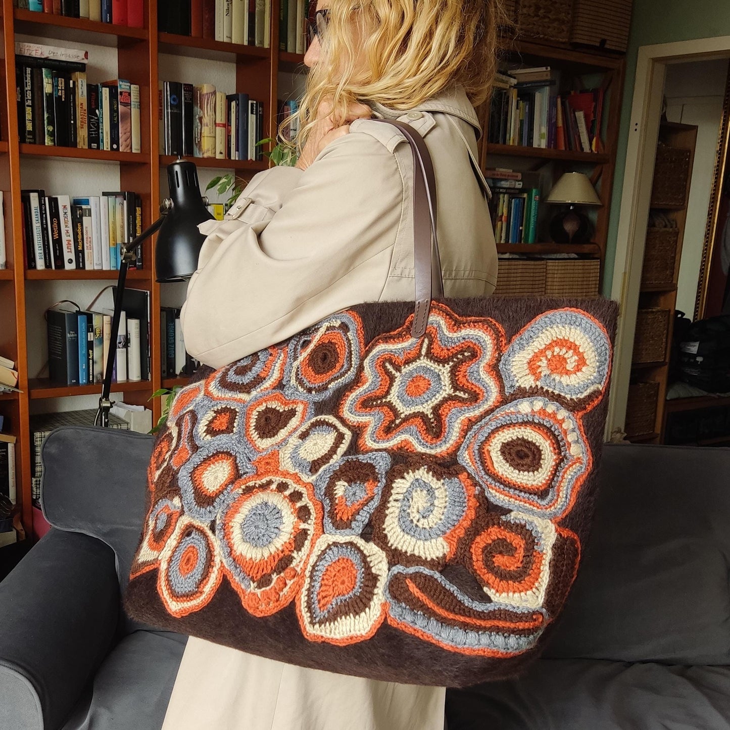 Faux Fur Tote Handbag - Brown Crochet Large Shoulder Bag