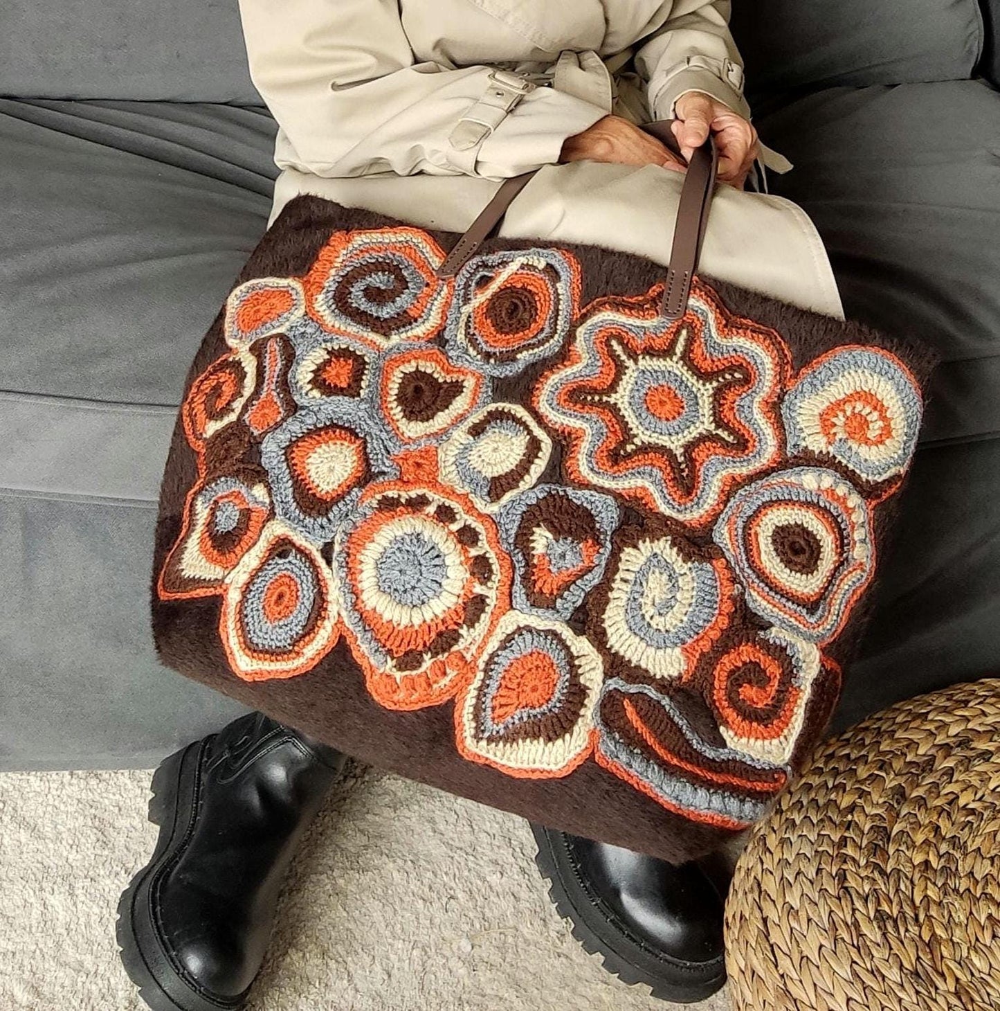 Faux Fur Tote Handbag - Brown Crochet Large Shoulder Bag