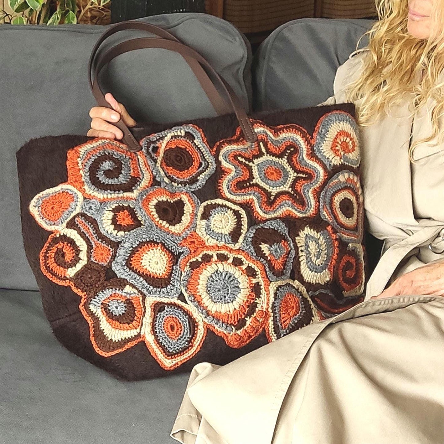 Faux Fur Tote Handbag - Brown Crochet Large Shoulder Bag