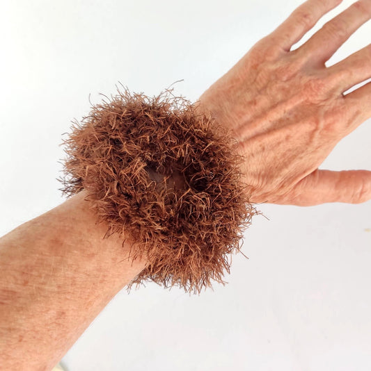 Chunky Brown Faux Fur Crochet Bracelet - Fluffy Cuff Bangle