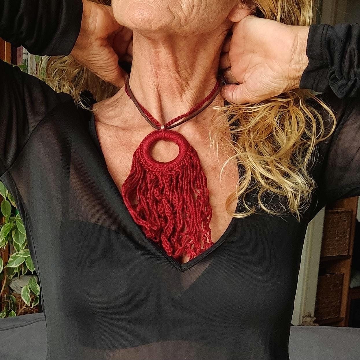 Burgundy Crochet Fringe Pendant Necklace - Handmade Boho Statement Jewelry
