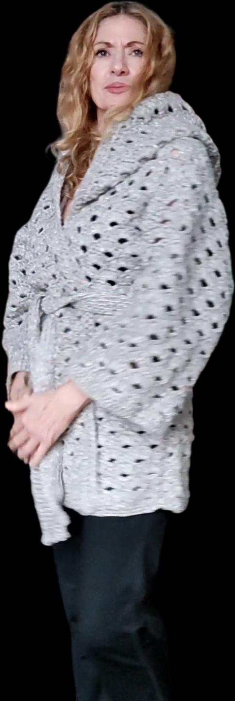 Gray Sequin Hooded Cardigan - Chunky Crochet Belted Jacket for Women