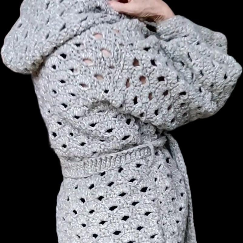 Gray Sequin Hooded Cardigan - Chunky Crochet Belted Jacket for Women