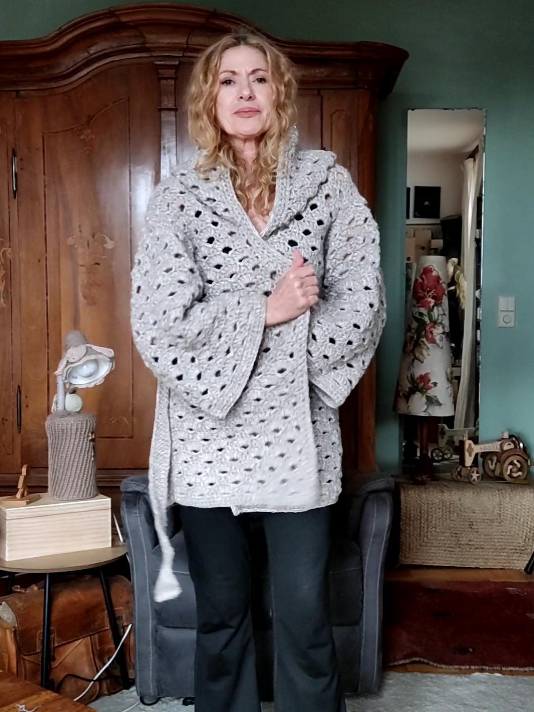 Gray Sequin Hooded Cardigan - Chunky Crochet Belted Jacket for Women