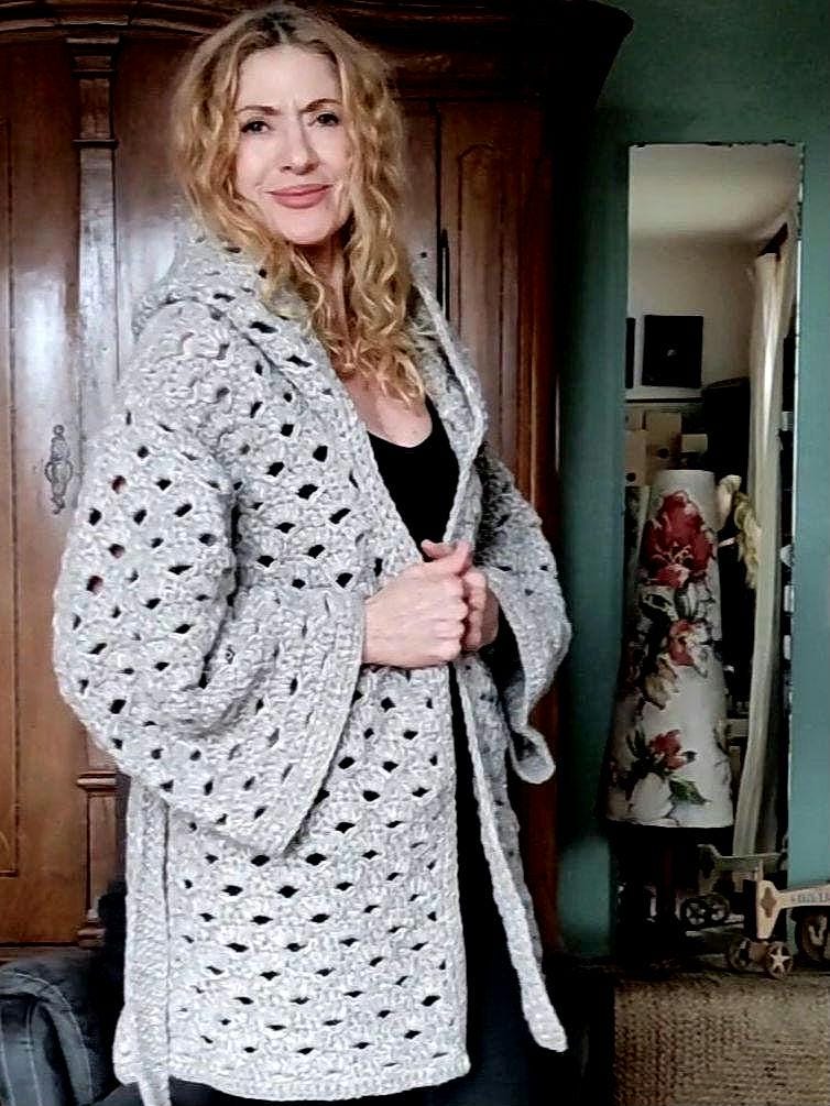 Gray Sequin Hooded Cardigan - Chunky Crochet Belted Jacket for Women