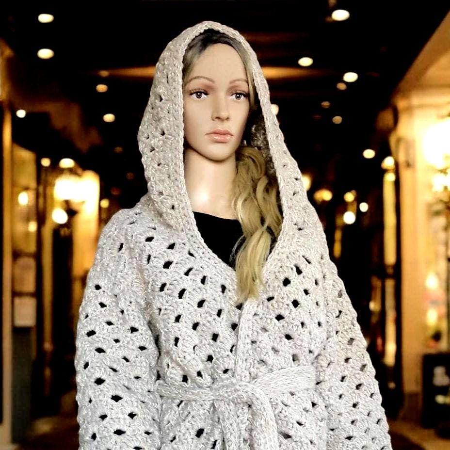 Gray Sequin Hooded Cardigan - Chunky Crochet Belted Jacket for Women