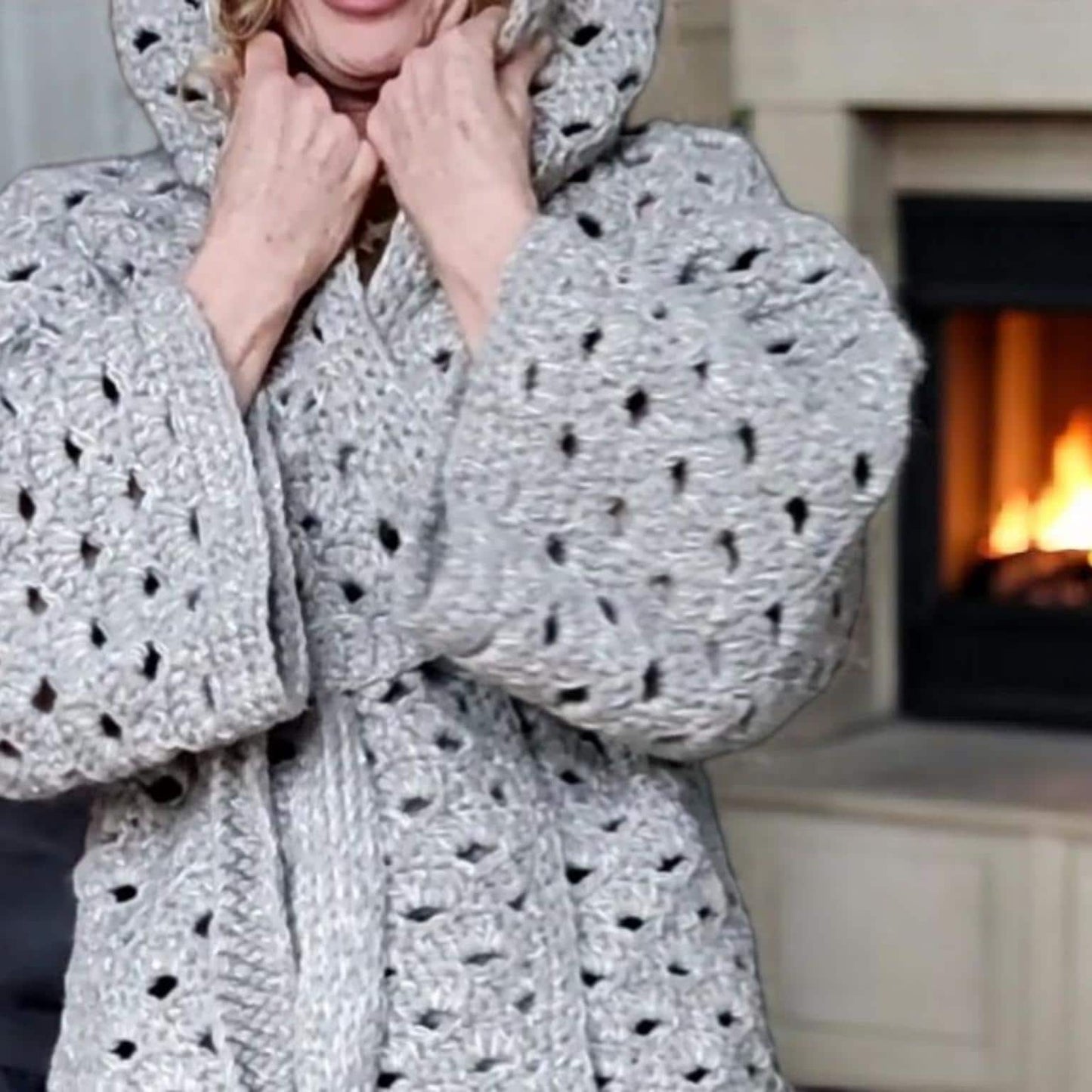 Gray Sequin Hooded Cardigan - Chunky Crochet Belted Jacket for Women