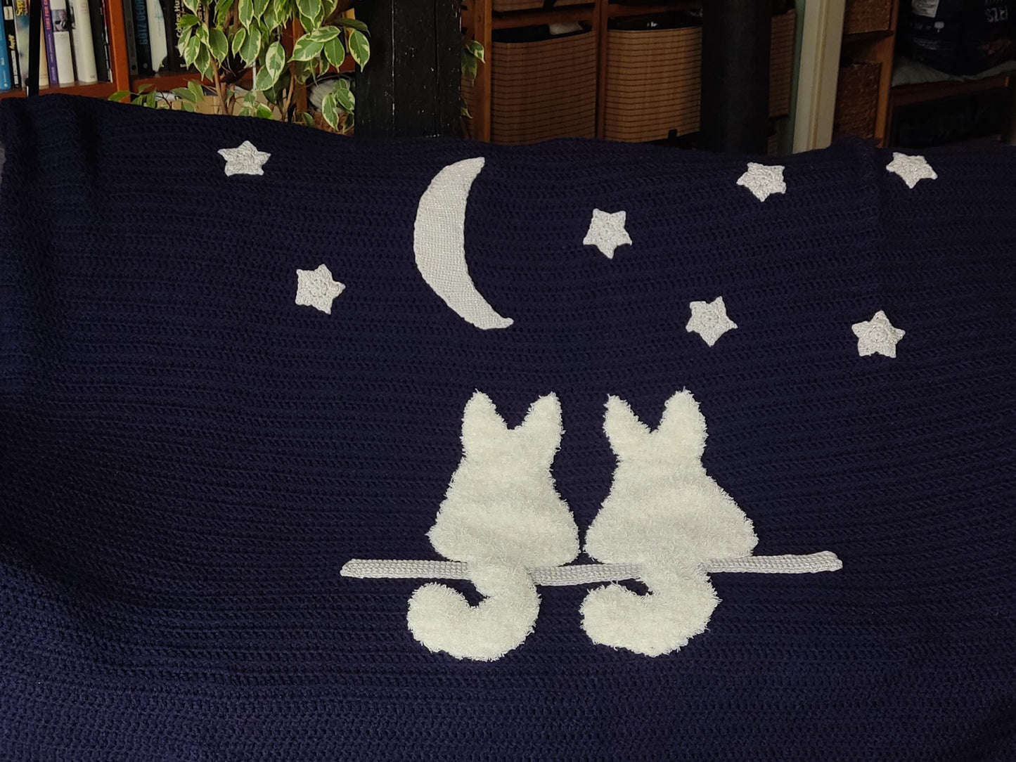 Cat Crochet Throw Blanket - Midnight Blue Moon Stars White Cats Sofa Decor
