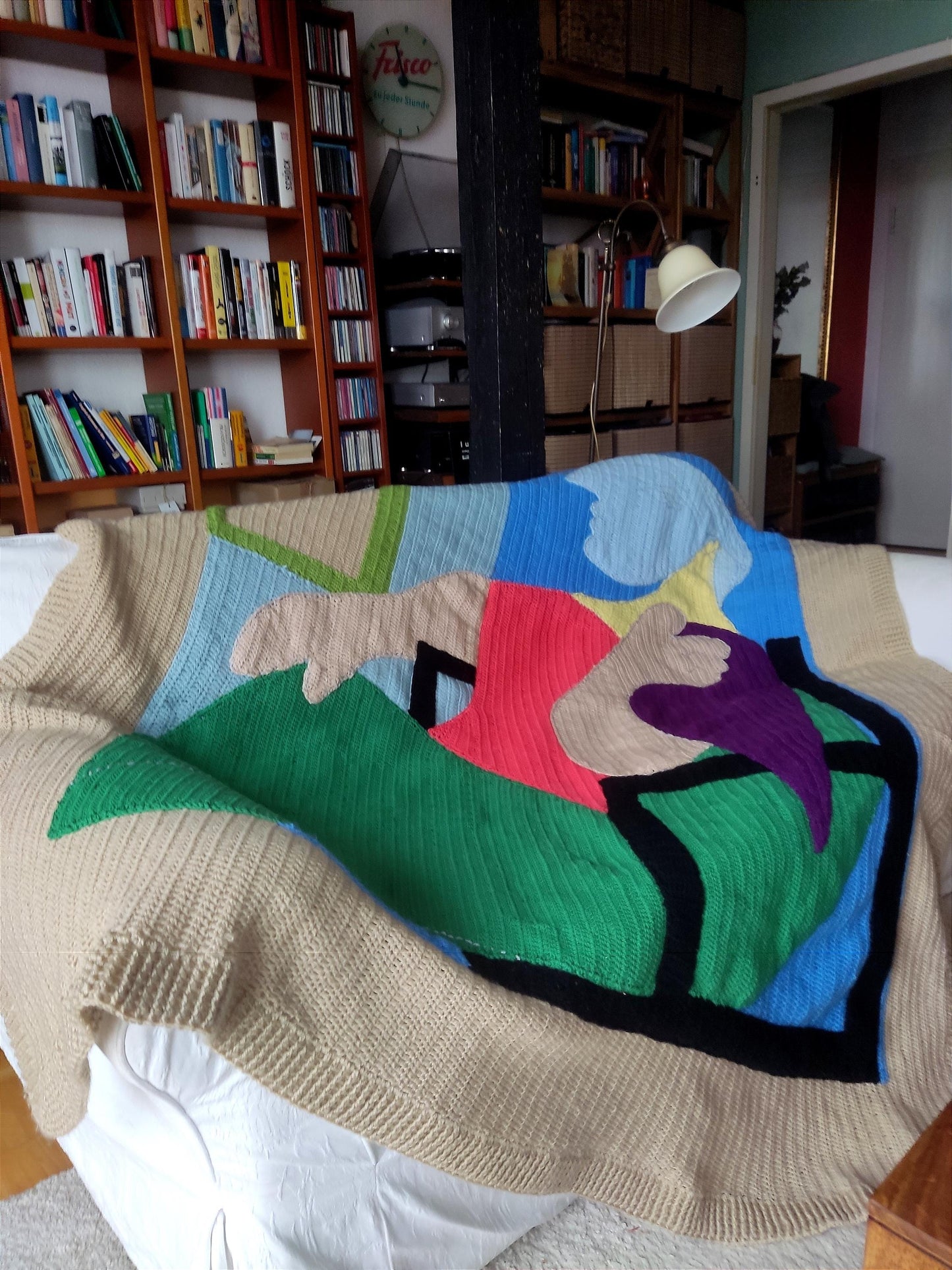 Cat Crochet Throw Blanket - Midnight Blue Moon Stars White Cats Sofa Decor