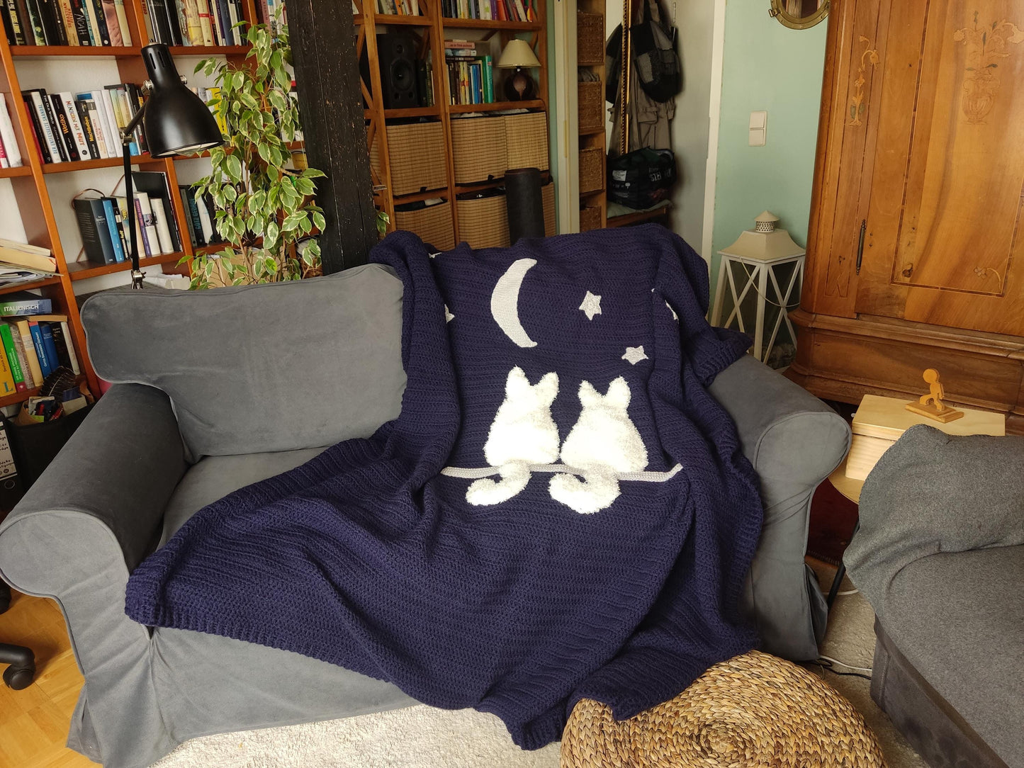 Cat Crochet Throw Blanket - Midnight Blue Moon Stars White Cats Sofa Decor