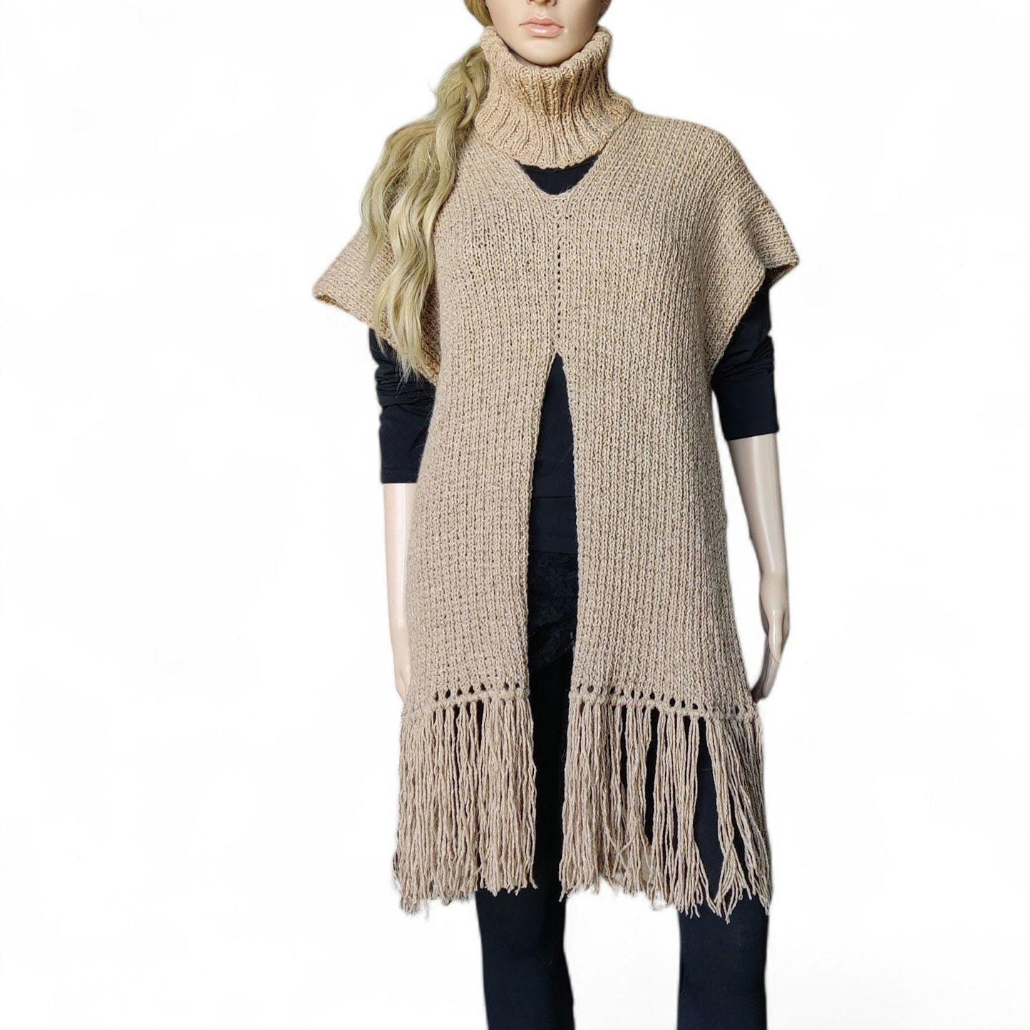 Beige Merino Wool Poncho with Fringe - Knitted Turtleneck Vest