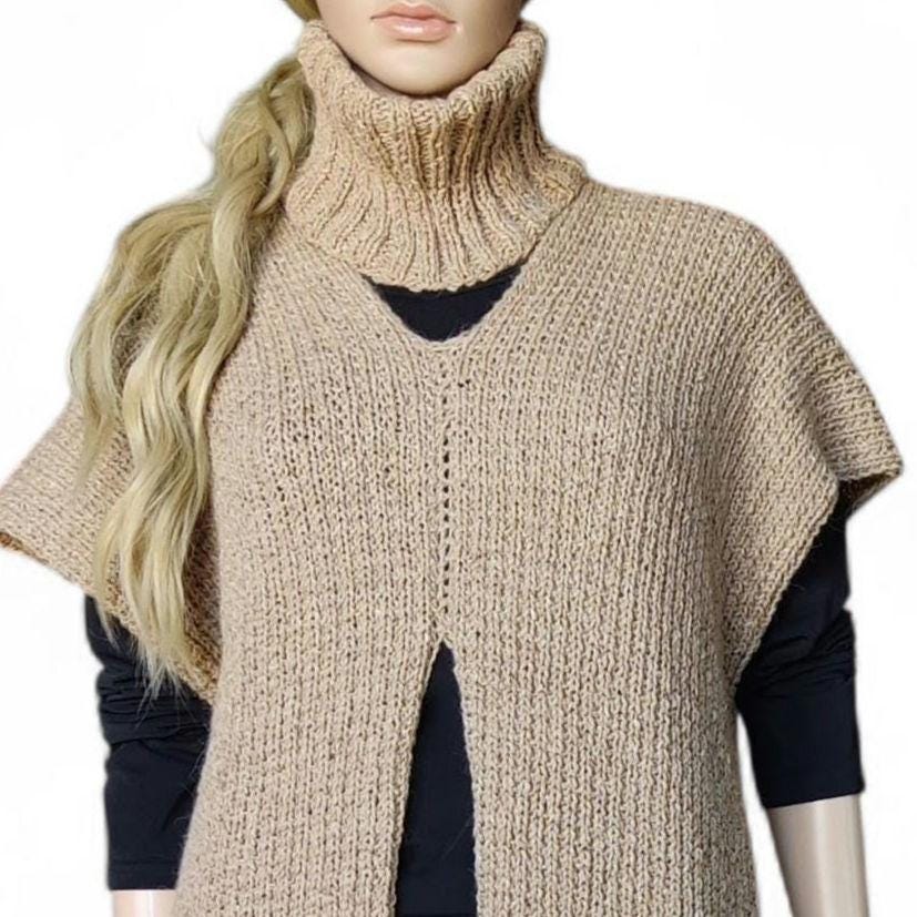Beige Merino Wool Poncho with Fringe - Knitted Turtleneck Vest