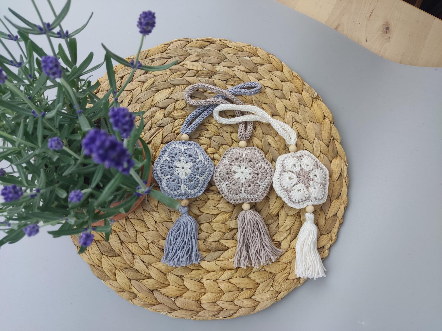 Personalised Crochet Lavender Sachet: Cotton Closet Freshener with Wooden Beads