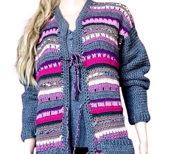 Crochet Duster Cardigan - Gray Purple Pink Striped Long Jacket