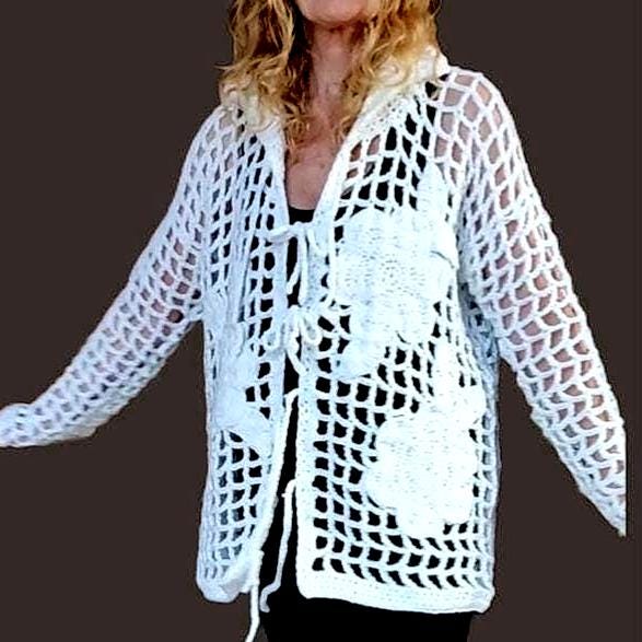 Oversized Crochet Cardigan with Flowers: Elegant White Wool Top for Women