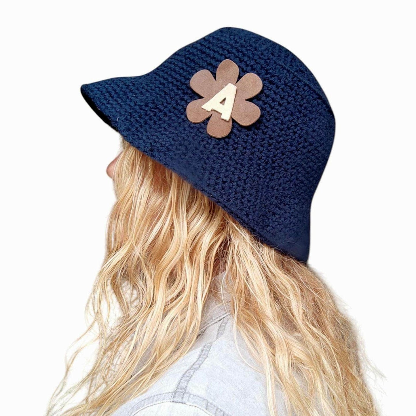 Personalised Dark Grey Crochet Bucket Hat with Leather Flower