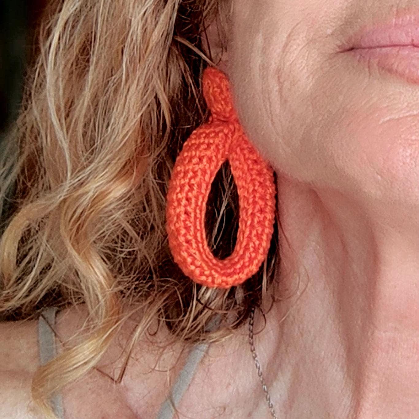 Orange Crochet Hoop Earrings:  Cotton Yarn, Gold Plated Studs