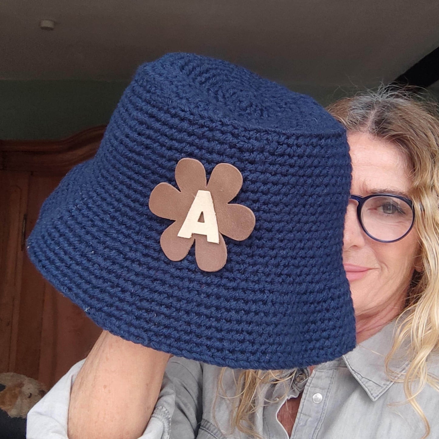 Personalised Navy Blue Crochet Bucket Hat with Leather Flower