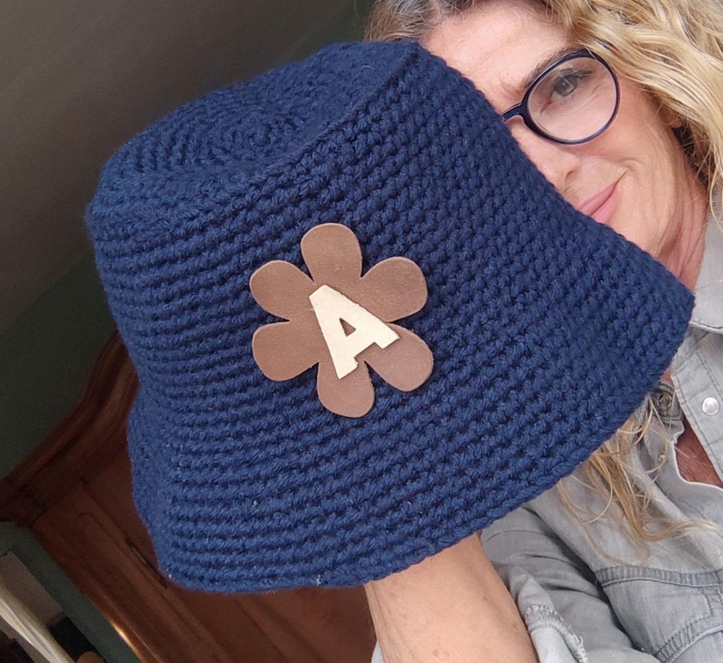 Personalised Navy Blue Crochet Bucket Hat with Leather Flower