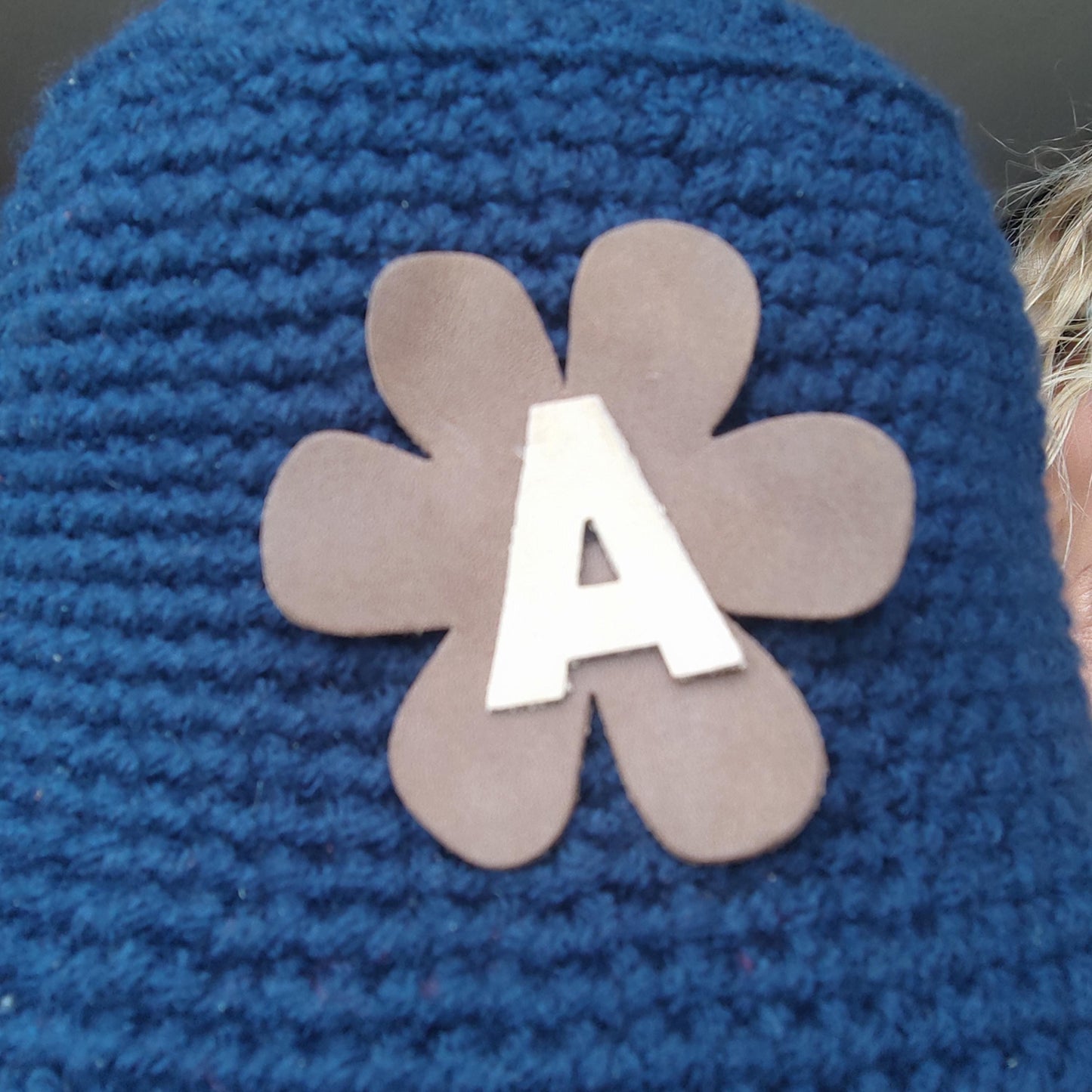 Personalised Navy Blue Crochet Bucket Hat with Leather Flower