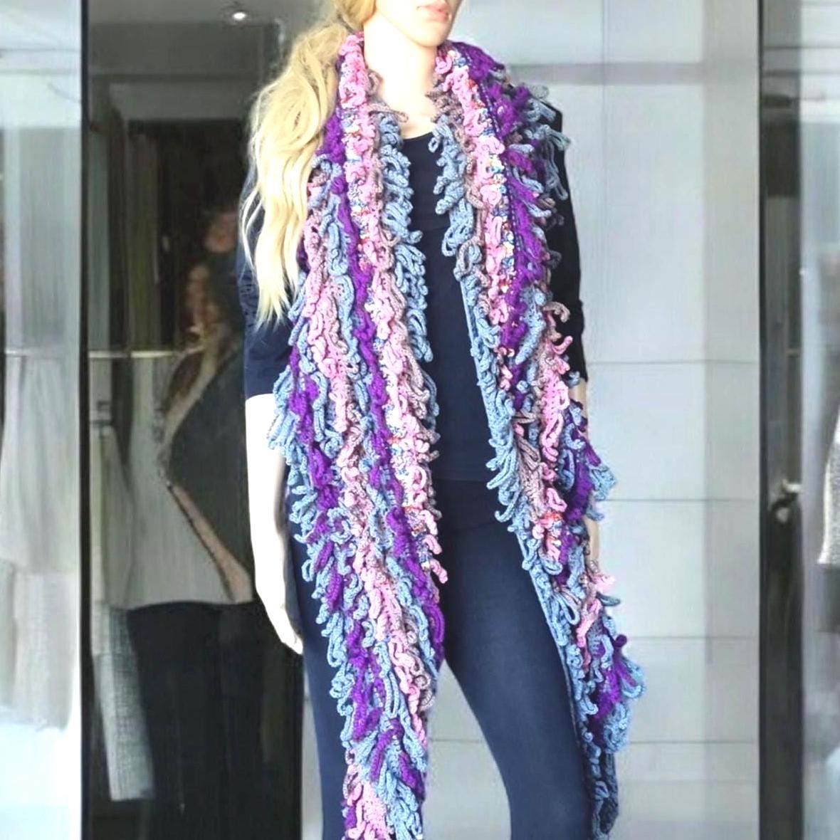 Chunky Crochet Scarf with Fringes - Gray Pink Purple Oversized Wrap Shawl