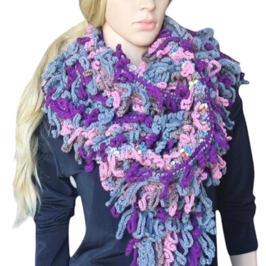 Chunky Crochet Scarf with Fringes - Gray Pink Purple Oversized Wrap Shawl