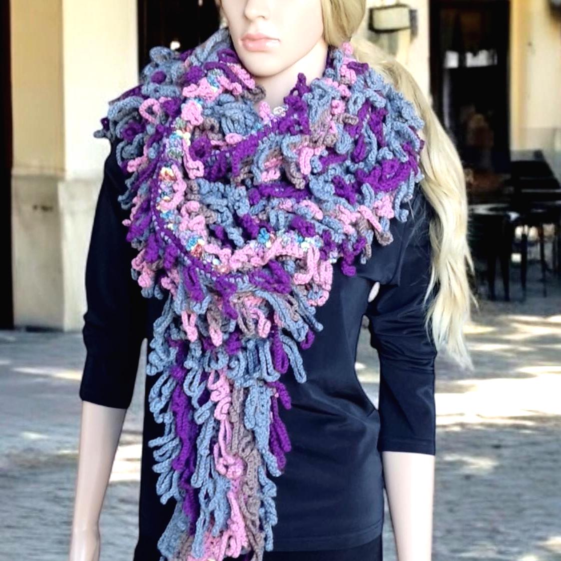Chunky Crochet Scarf with Fringes - Gray Pink Purple Oversized Wrap Shawl