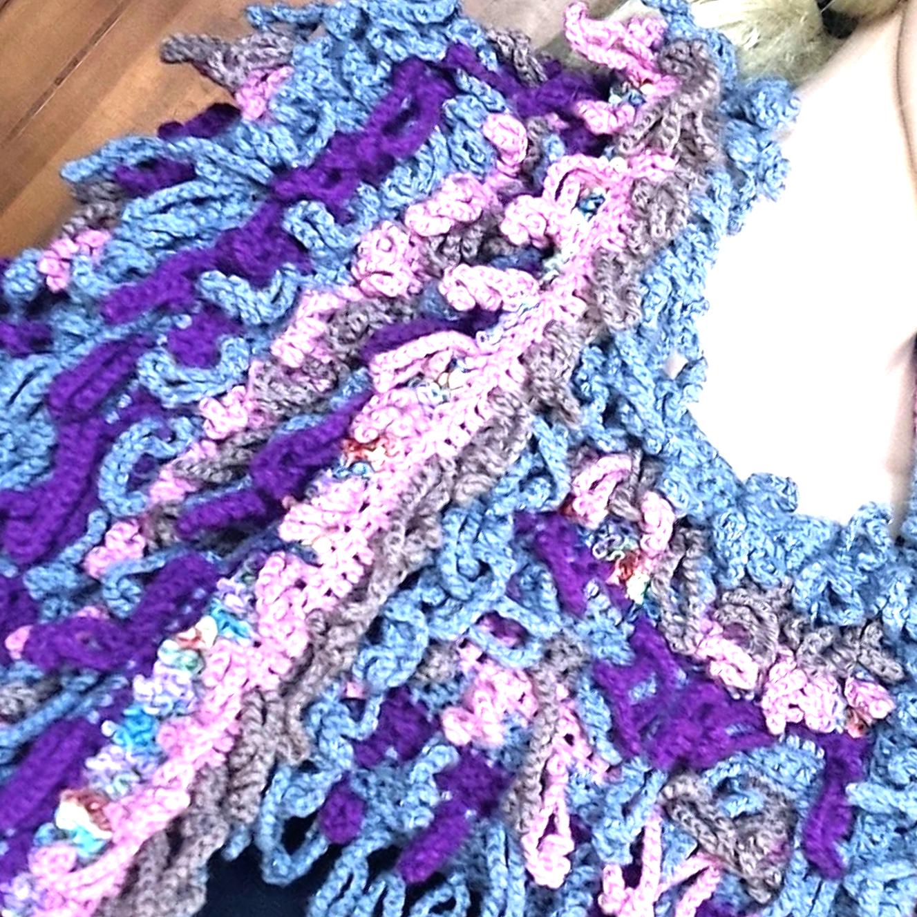 Chunky Crochet Scarf with Fringes - Gray Pink Purple Oversized Wrap Shawl