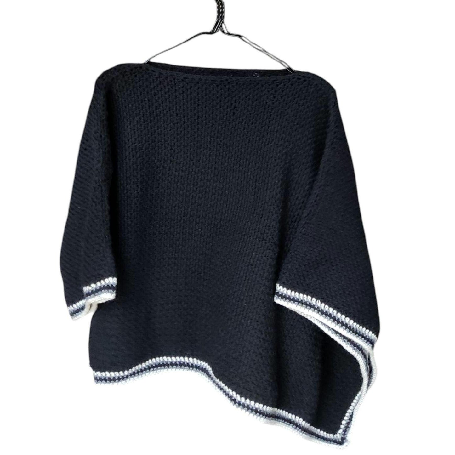 Crochet Crop Top Sweater - Black White Gray Striped Poncho with Wide Sleeves