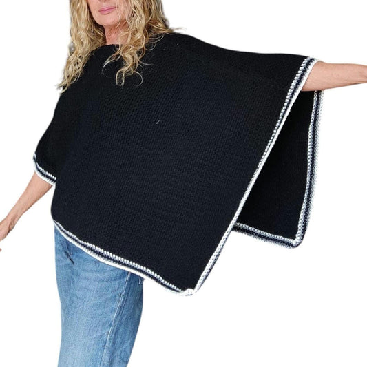 Crochet Crop Top Sweater - Black White Gray Striped Poncho with Wide Sleeves