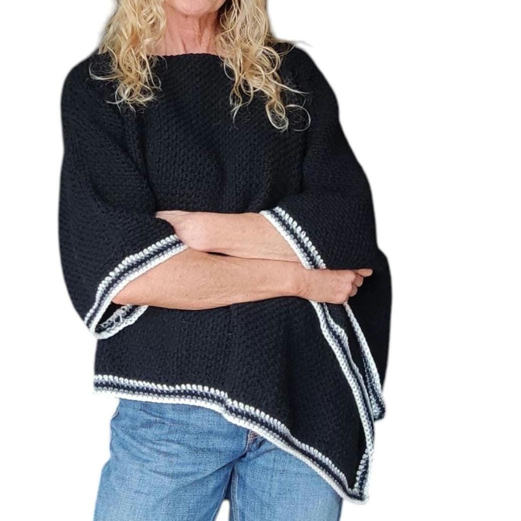 Crochet Crop Top Sweater - Black White Gray Striped Poncho with Wide Sleeves