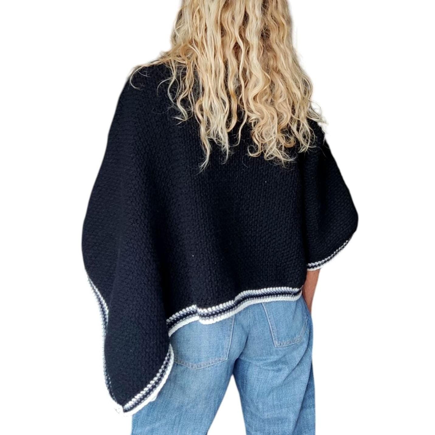 Crochet Crop Top Sweater - Black White Gray Striped Poncho with Wide Sleeves