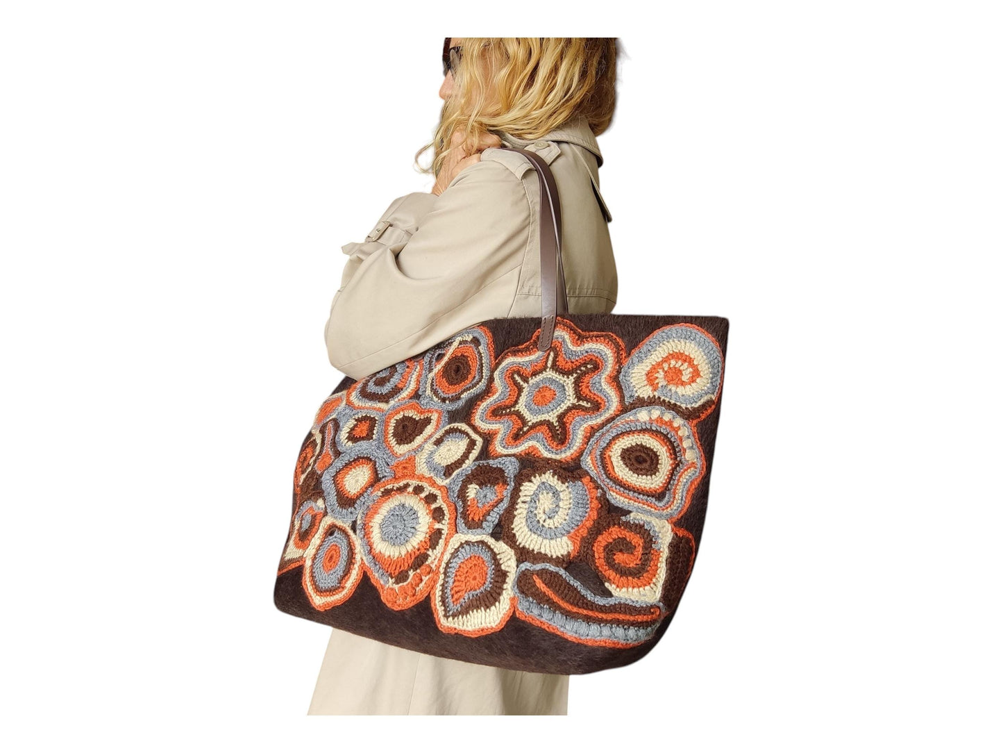 Faux Fur Tote Handbag - Brown Crochet Large Shoulder Bag