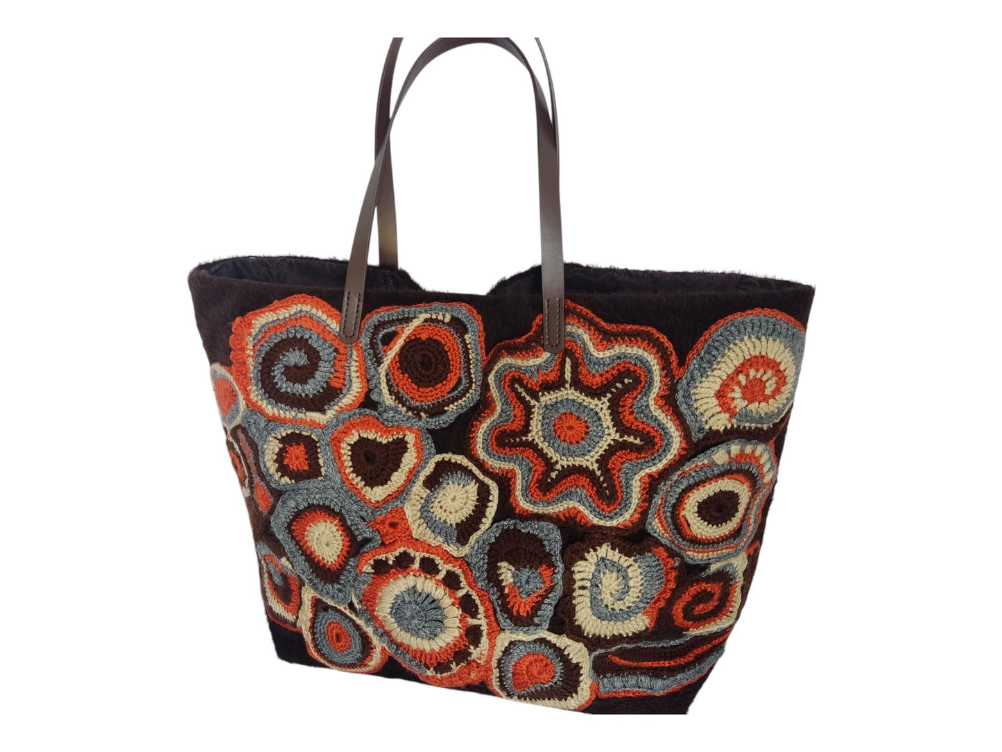 Faux Fur Tote Handbag - Brown Crochet Large Shoulder Bag