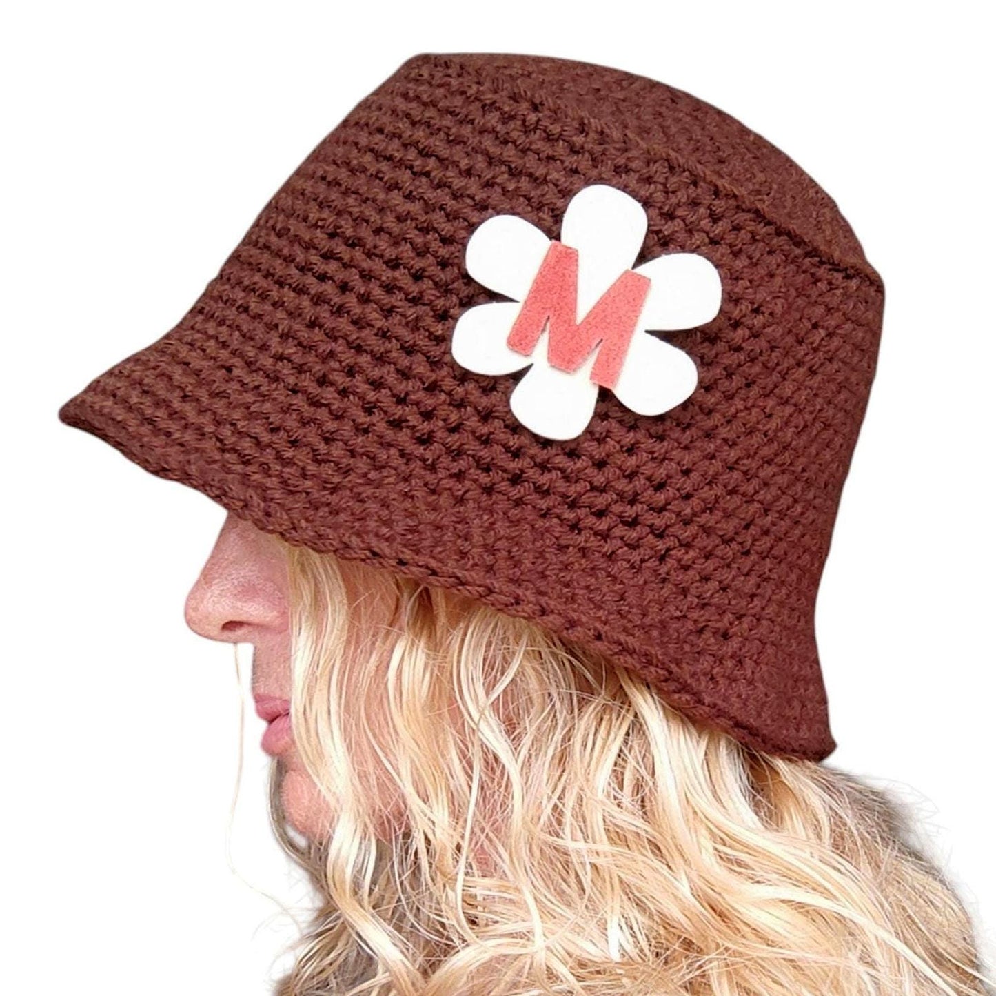 Personalised Chocolate Brown Crochet Bucket Hat with Leather Flower