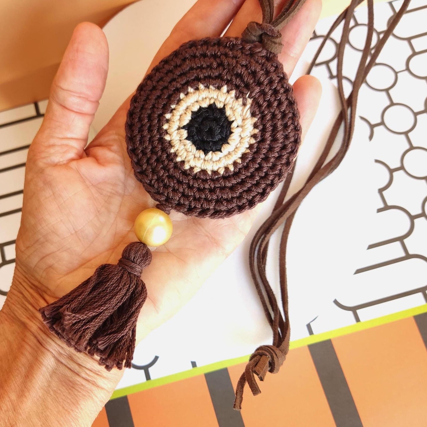 Chocolate Brown Crochet Evil Eye Pendant Necklace - Boho Tassel Leather Strap, Protection Jewelry