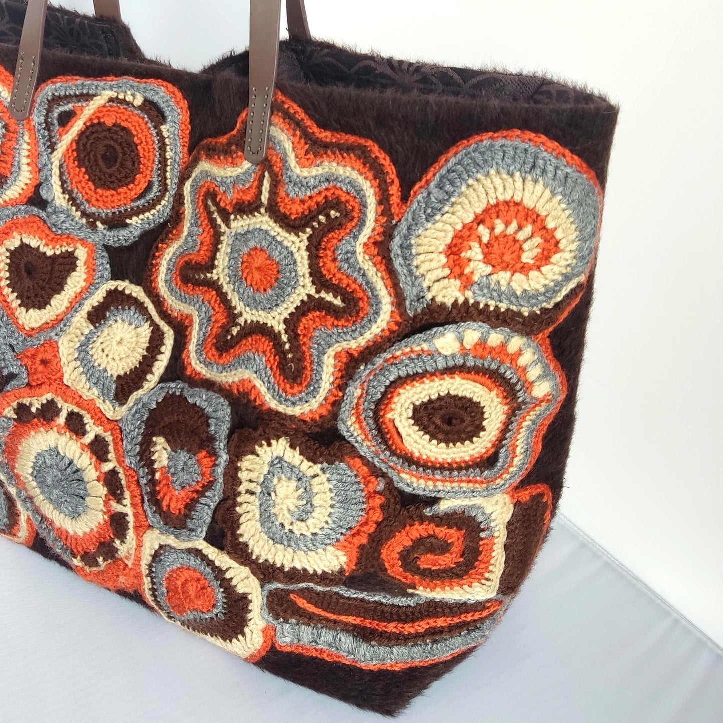 Faux Fur Tote Handbag - Brown Crochet Large Shoulder Bag