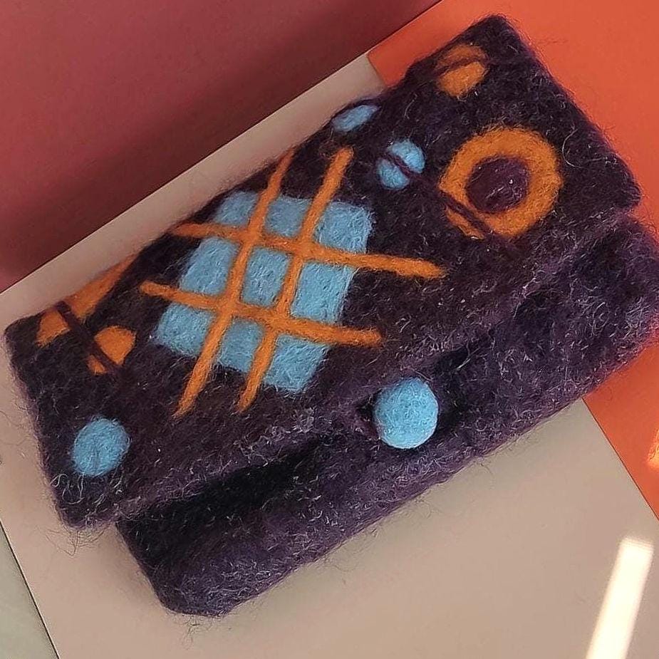 Felt Purse: Needle Felted Wallet Sunglasses Holder with Felted Button