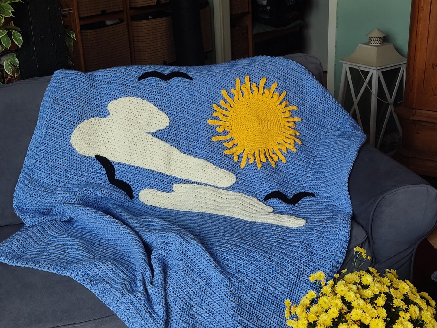 Personalised Blue Crochet Toddler Blanket: Sun, Cloud, Bird Crochet  Throw