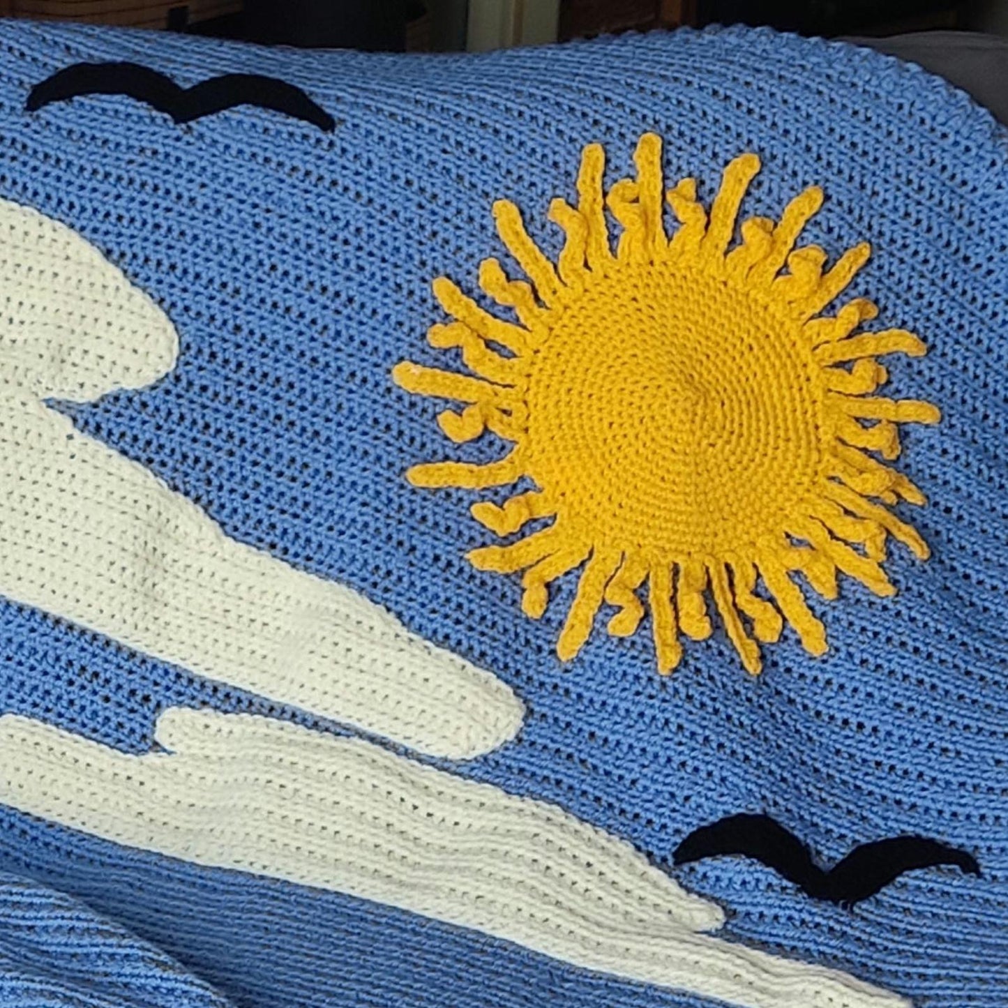 Personalised Blue Crochet Toddler Blanket: Sun, Cloud, Bird Crochet  Throw