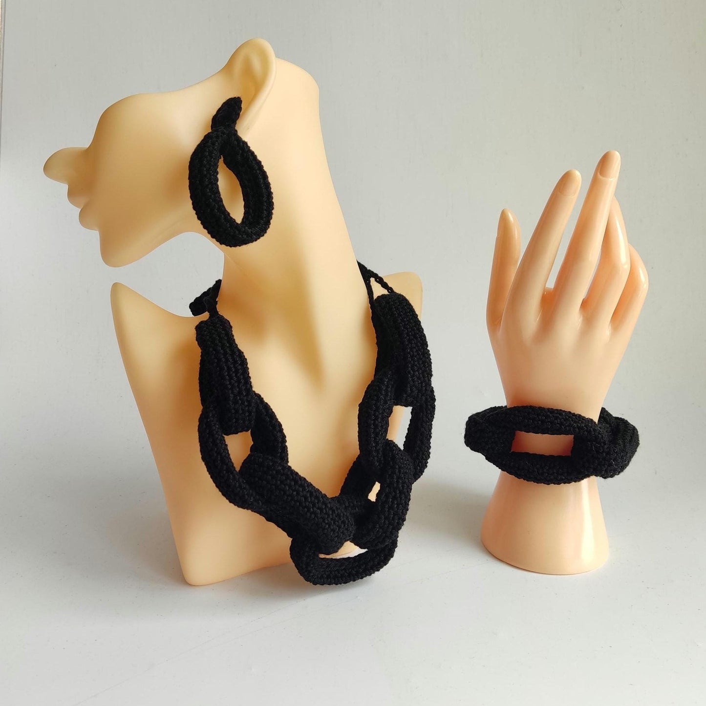 Black Chunky Braided Crochet Necklace - Handmade Cotton Statement Jewelry