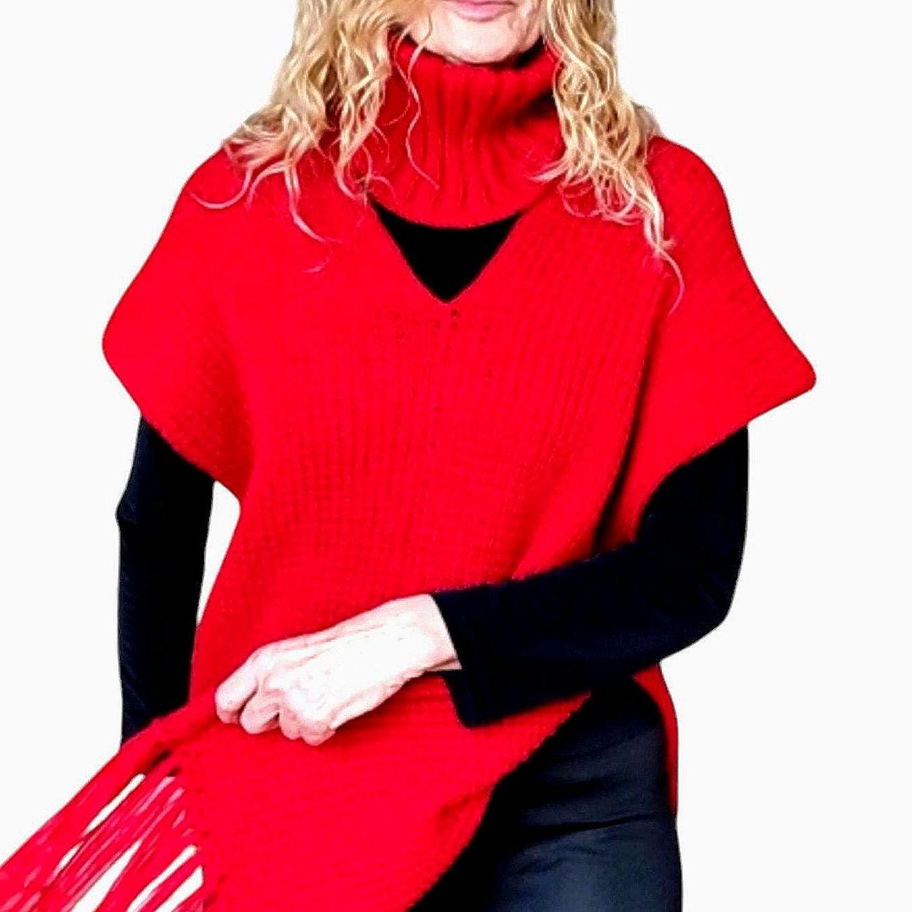 Red Knitted Poncho with Fringe - Turtleneck Vest for Women